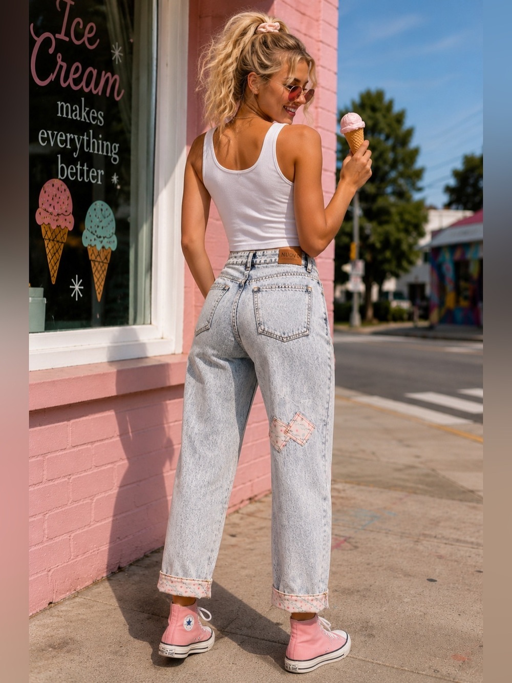 Vintage Nuovo Industrie Acid Wash Mom Jeans Pink Trim Cuffed Denim 25396 - Picture 3 of 15